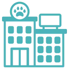 Icon of two hospital buildings with a paw print symbol above the left building.