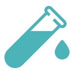 Blue test tube tilted with a blood drop falling from its open end.