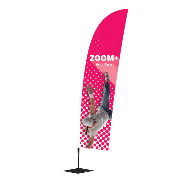 Zoom feather flag banner used for outdoor forecourt branding