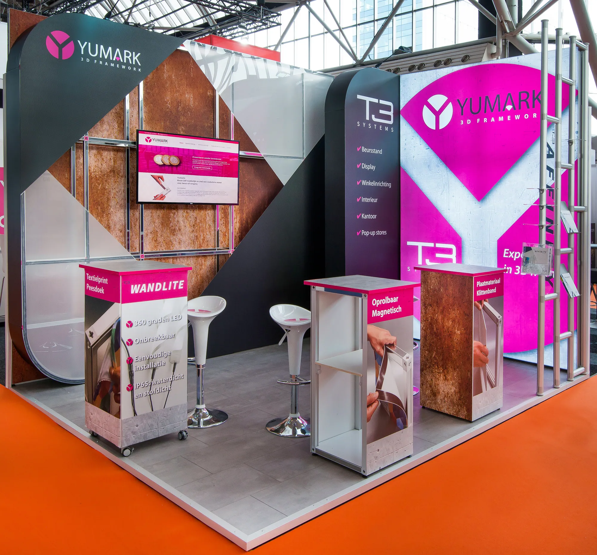 Modular T3 stand with Wandlight-lit counters and textured graphics