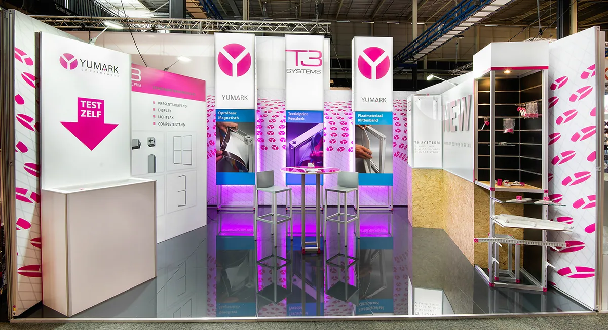 Modular T3 stand with lightbox panels and product shelving