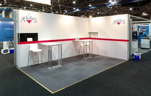 White modular corner stand with poseur tables and screen