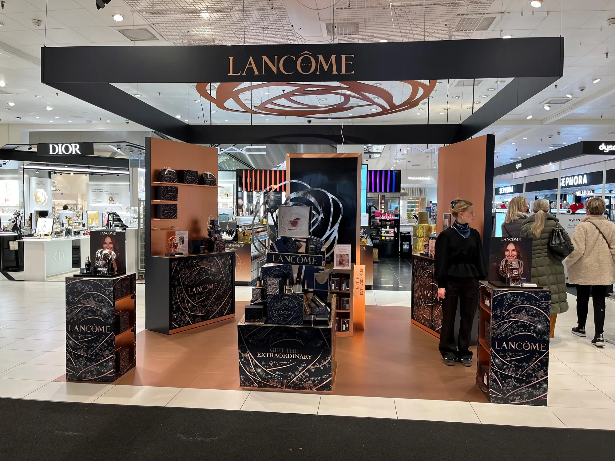Luxury beauty concession pop-up with overhead canopy built with T3