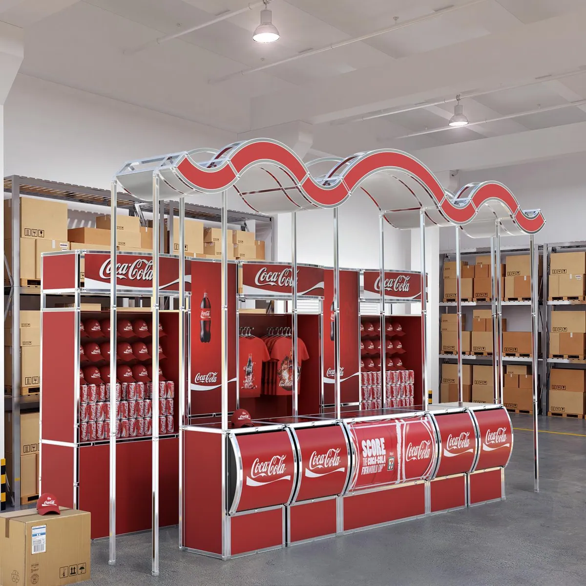 Retail kiosk with wave-shaped canopy and product shelving built with T3