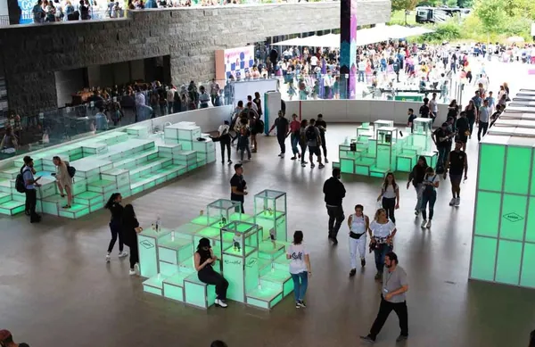 Outdoor brand activation with illuminated tiered seating and display plinths built with T3