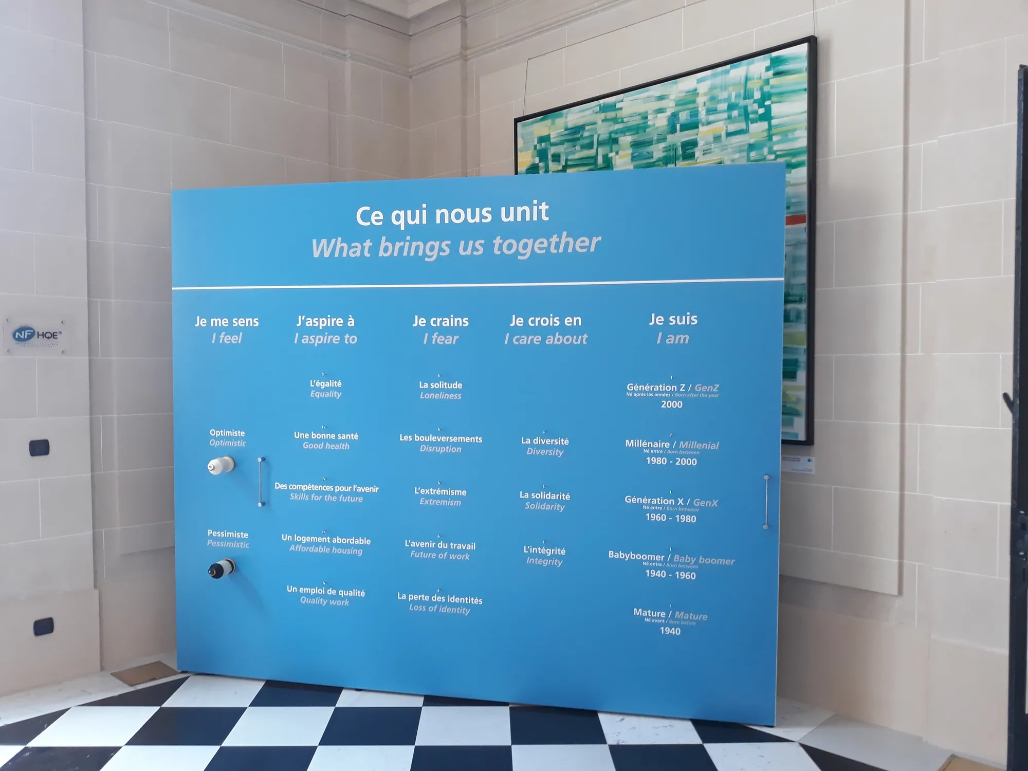 Freestanding printed information wall built with T3 in a corporate foyer