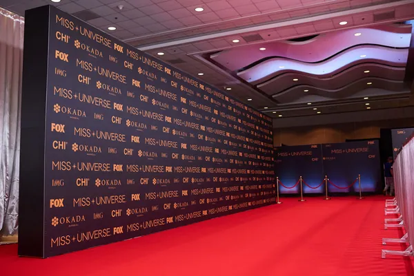 Red-carpet media wall with repeat logo graphics built on a T3 frame