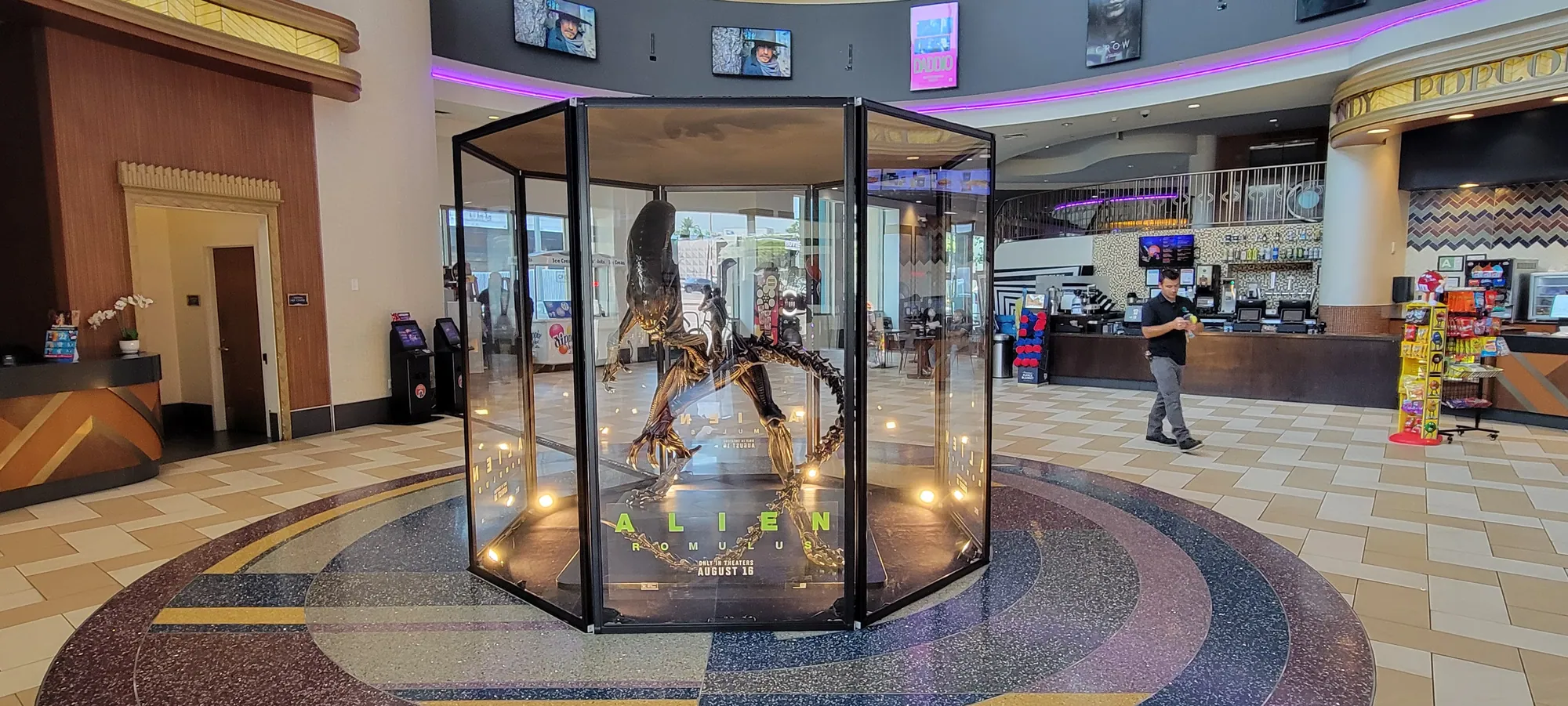 Large glazed display case for a film prop built with T3 Deco in a cinema lobby