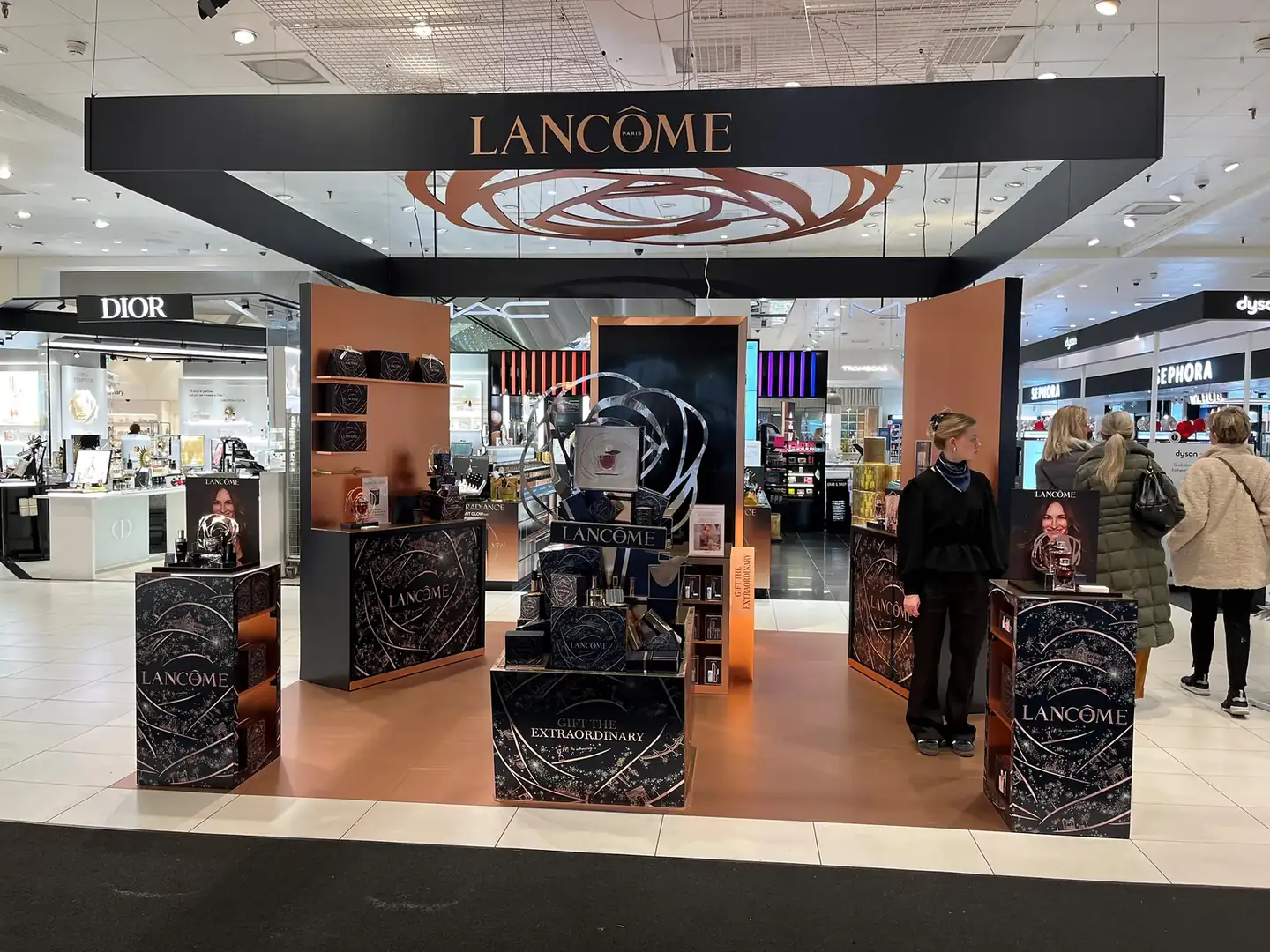 Luxury beauty concession pop-up with overhead canopy built with T3