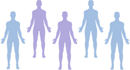 Five stylized human silhouettes in blue and purple arranged in a row.