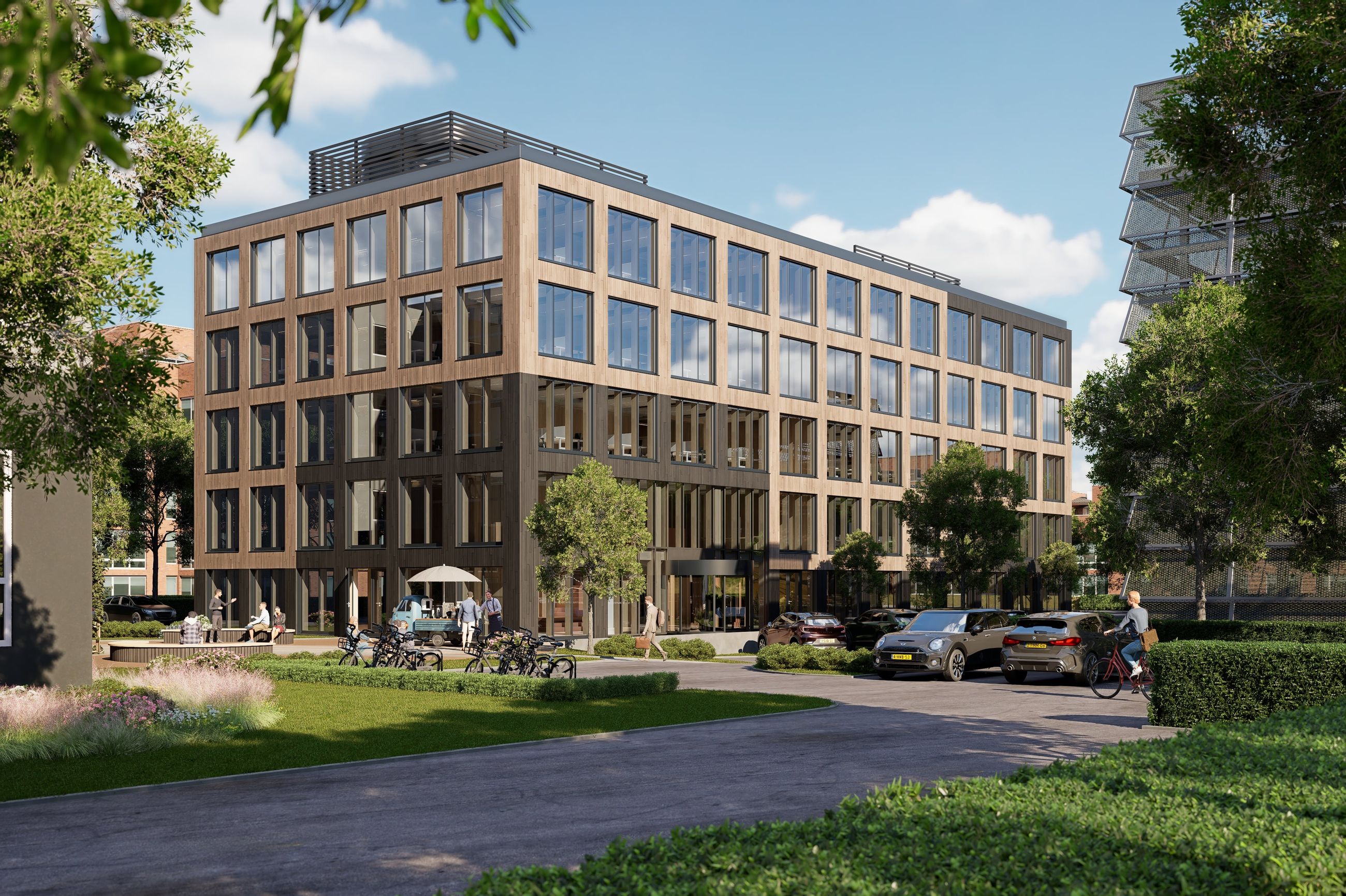 Buitenzijde van Campus CeeCee Timber in Enschede met houten gevel