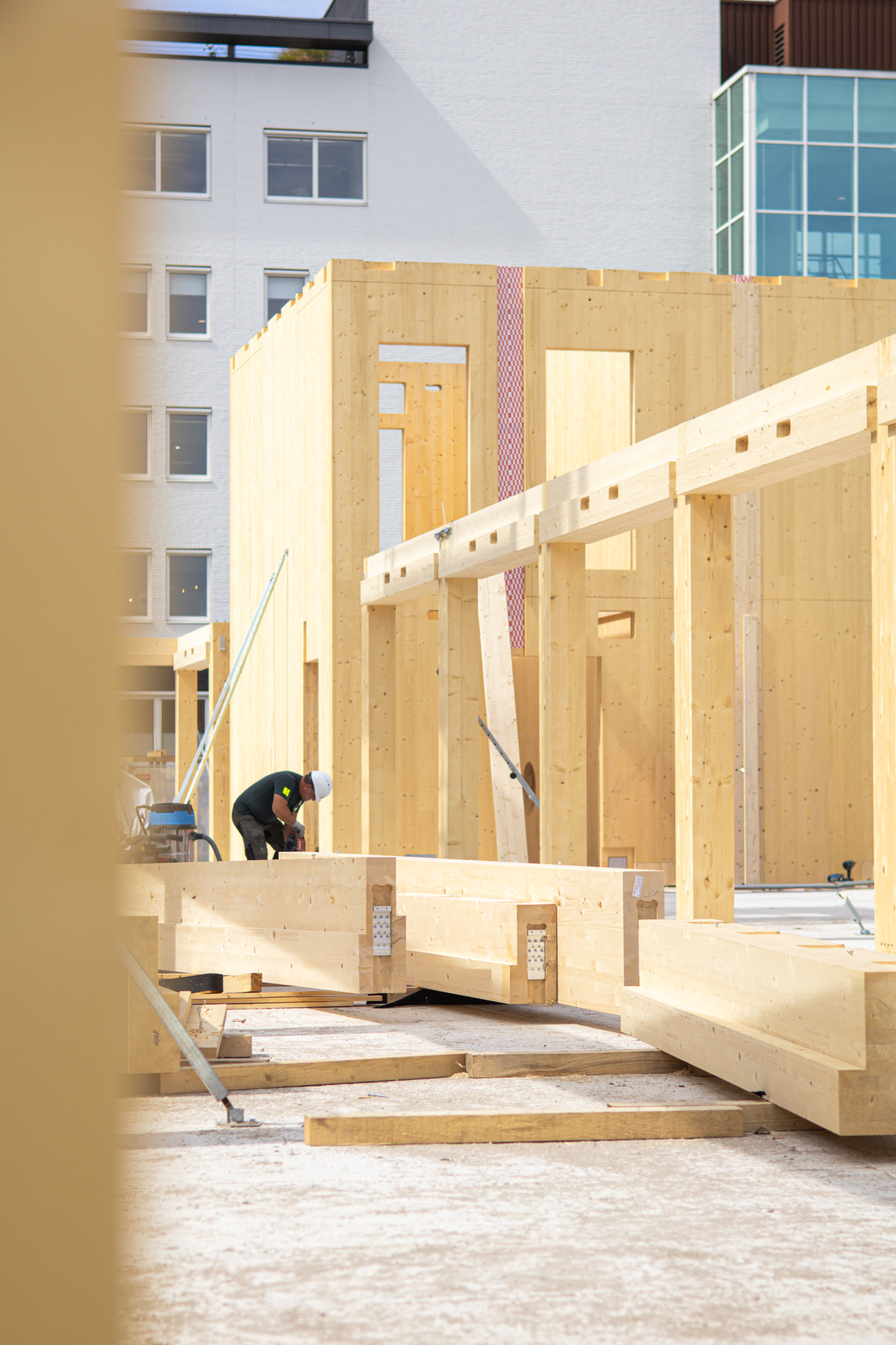Houten gevel en constructie tijdens de bouw van Campus CeeCee Timber