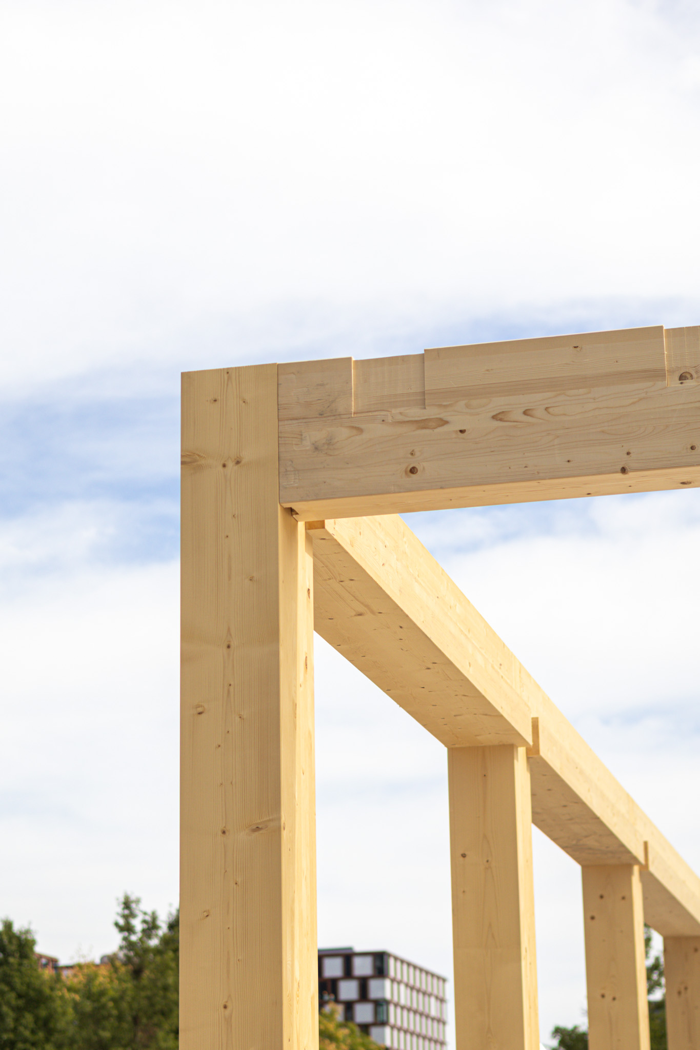 Houten kolommen van Campus CeeCee Timber tijdens de bouw