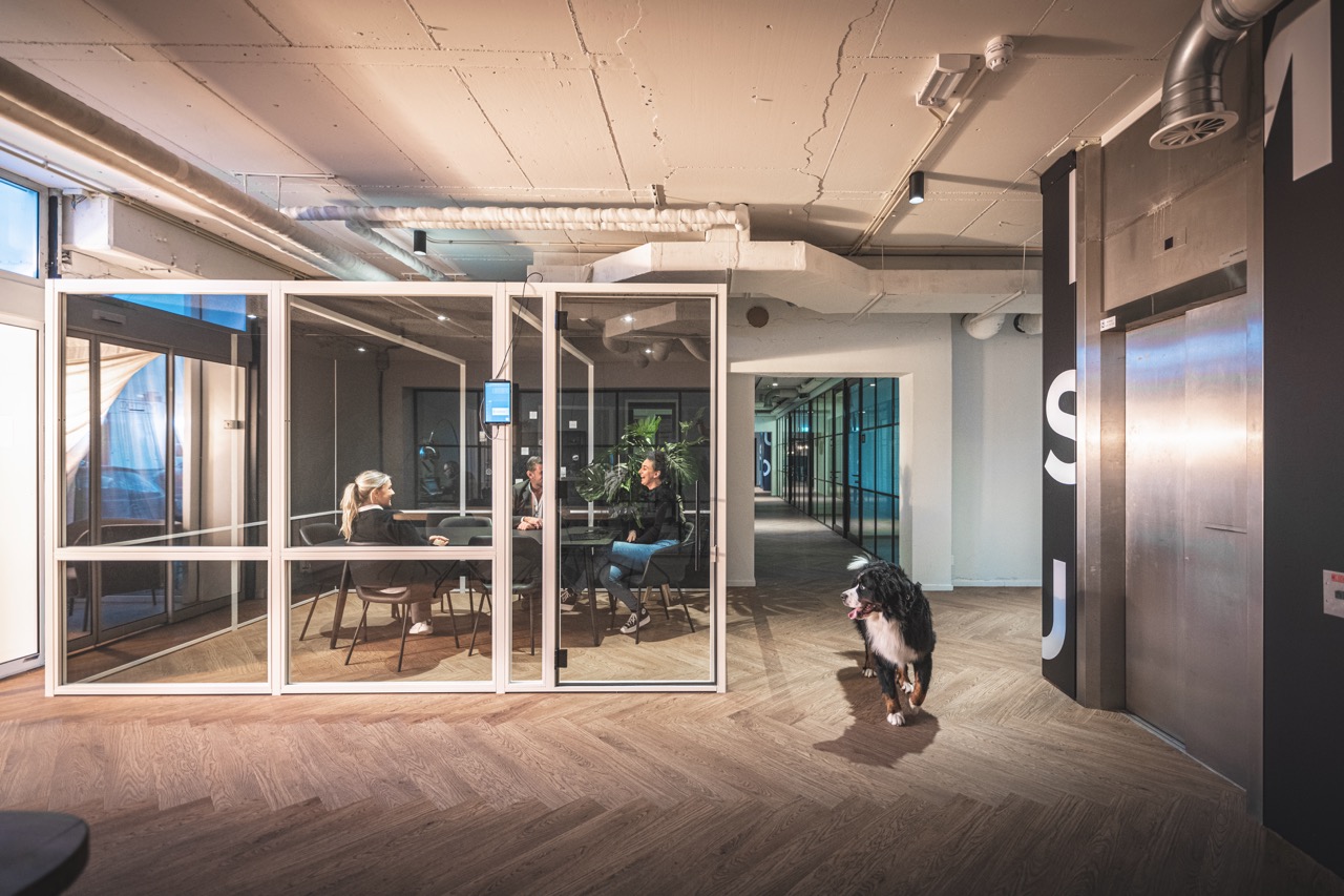 Vergaderbox bij Campus Delta met een hond die voorbij loopt