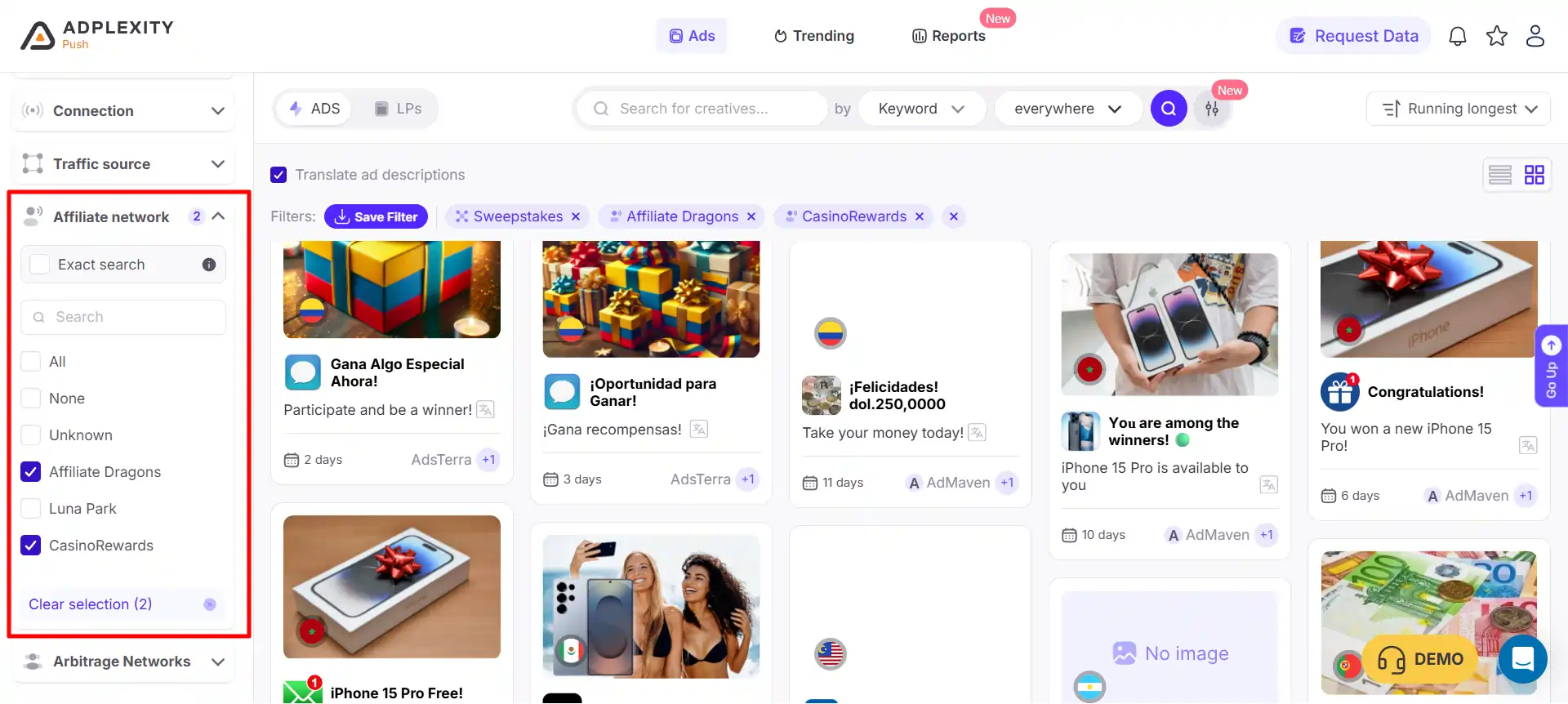 Filter by Affiliate Network to find new Ad Creatives