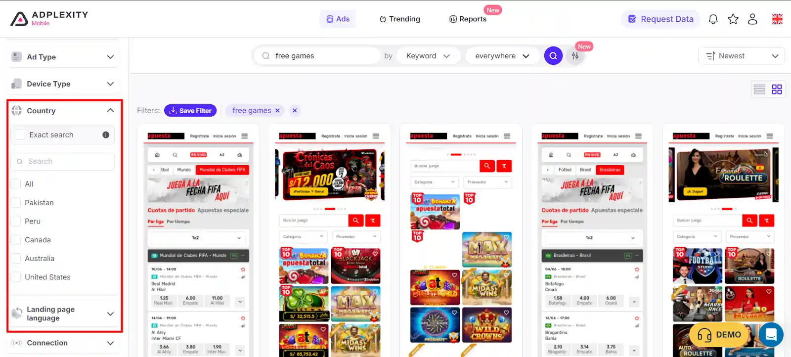 Apply Geographic and Language Filters to find the perfect Gaming ads with Adplexity Mobile