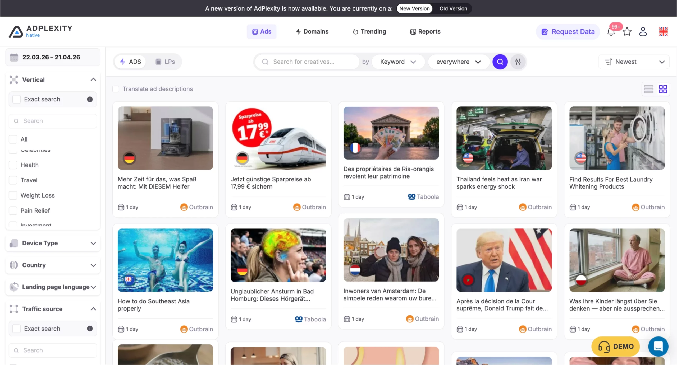 AdPlexity Native dashboard showing native ad search results with filters panel expanded on the left side