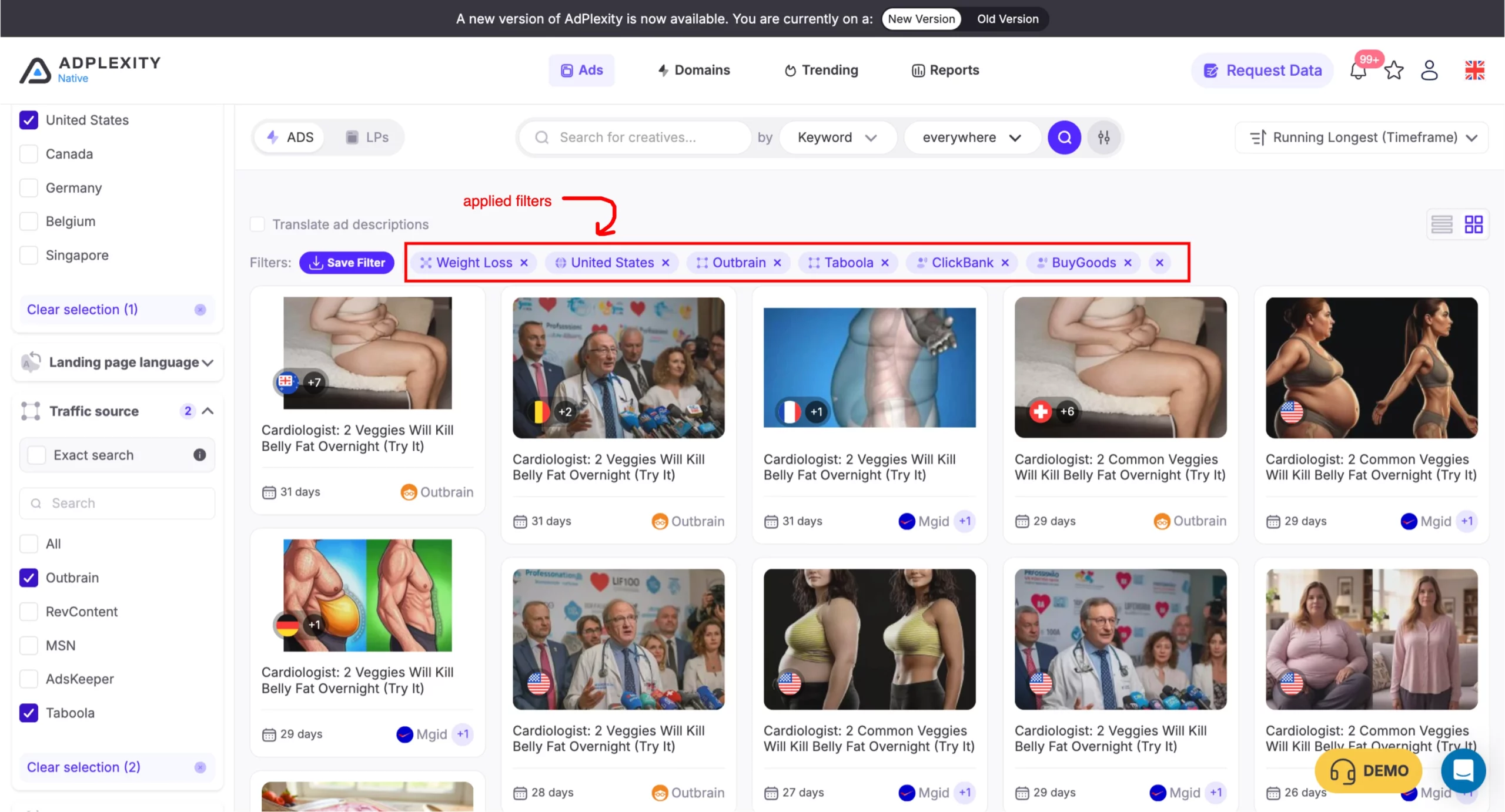 AdPlexity Native filter panel configured with US country, Taboola and Outbrain traffic sources, ClickBank and BuyGoods affiliate networks, and 30+ days running filter