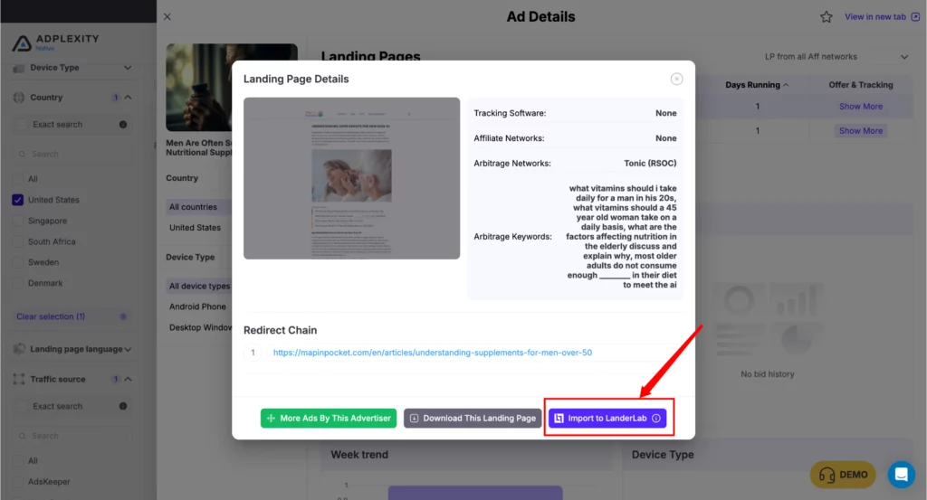 AdPlexity Native landing page download and LanderLab one-click import button