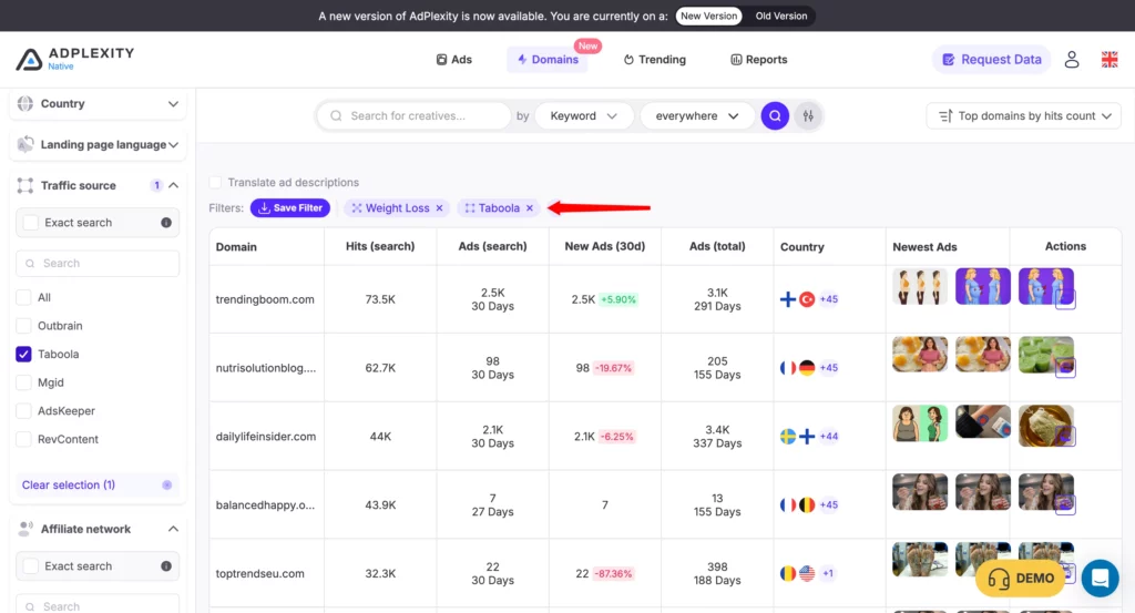AdPlexity Native Domains view filtered to Taboola showing advertiser ad volume and days running