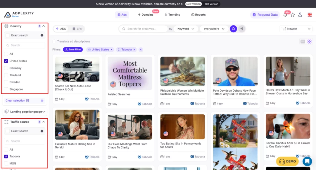 AdPlexity Native filter sidebar with network and GEO filters set for Taboola United States