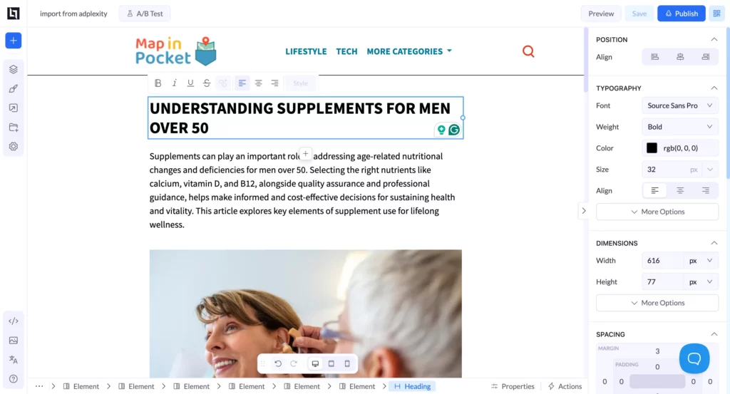 Competitor landing page imported into LanderLab editor ready to adapt and launch