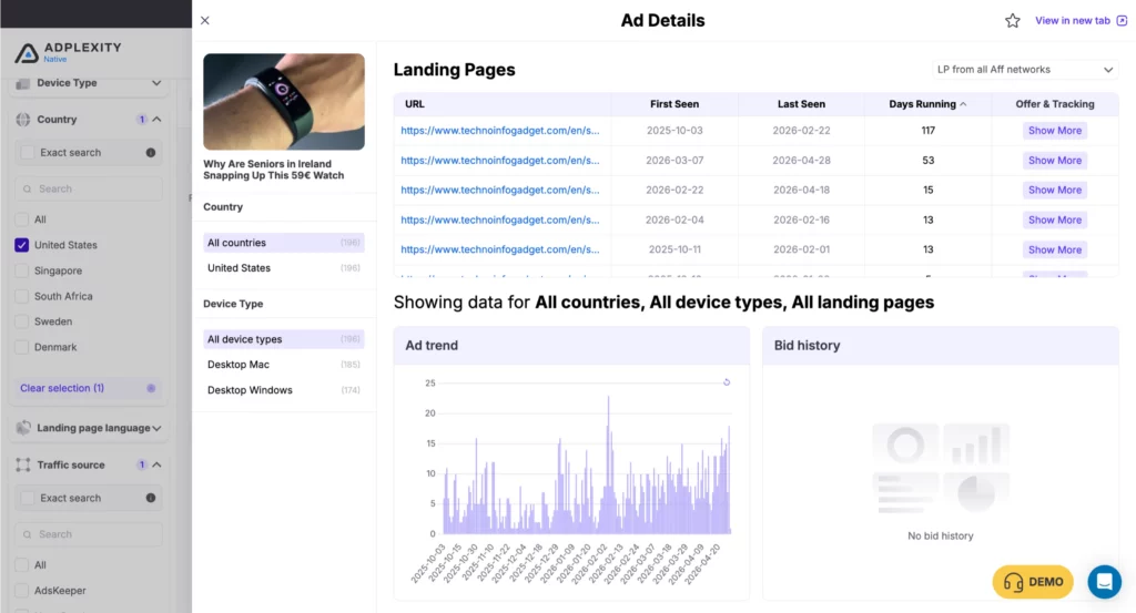 AdPlexity Native campaign detail view showing ad creative landing page preview and outgoing URL