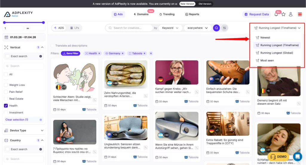 AdPlexity Native AI vertical filter dropdown showing niche categories for native ad research