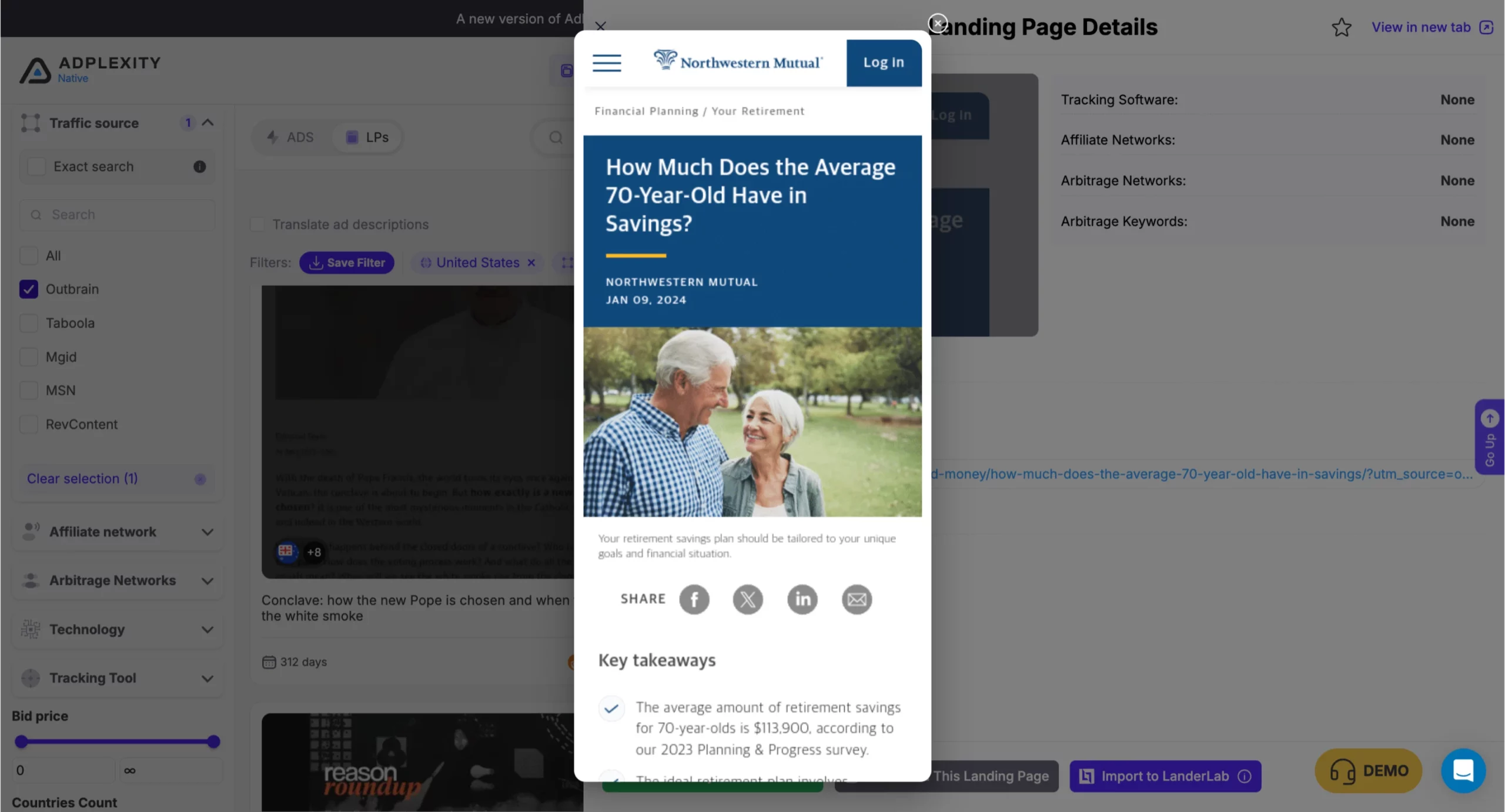 AdPlexity Native landing page preview for a long-running Outbrain ad showing advertorial format