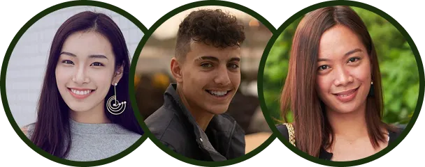 Portraits of three smiling young people with diverse backgrounds inside circular frames.