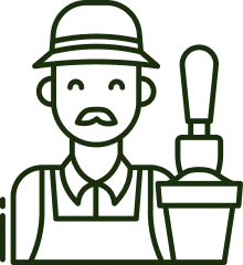 Line art of a man wearing a hat and apron standing beside a container with a pump dispenser.