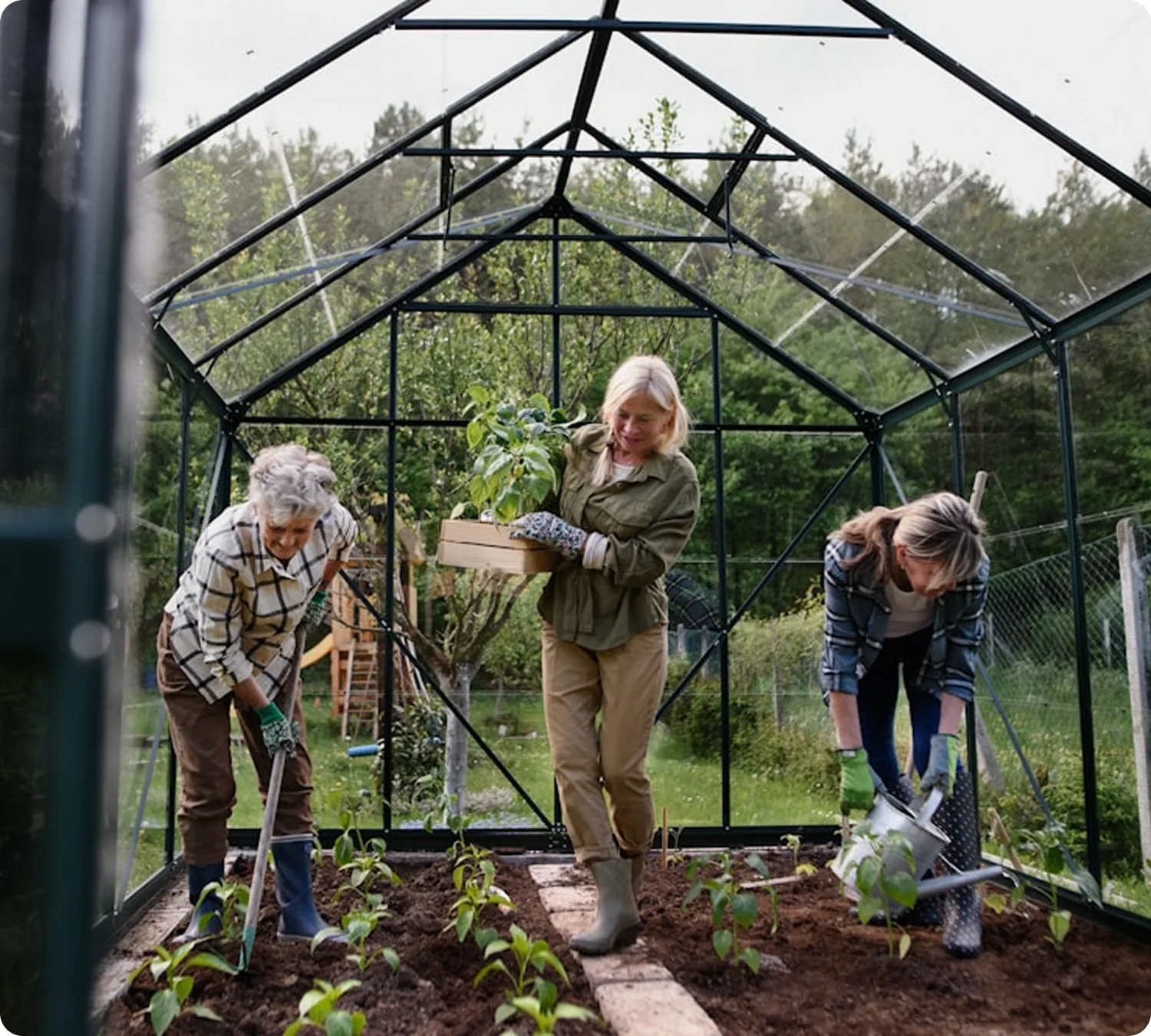 Three women gardening inside a greenhouse, planting and watering young plants.