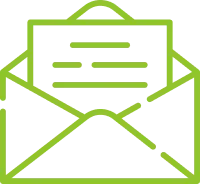 Green line icon of an open envelope with a letter inside.