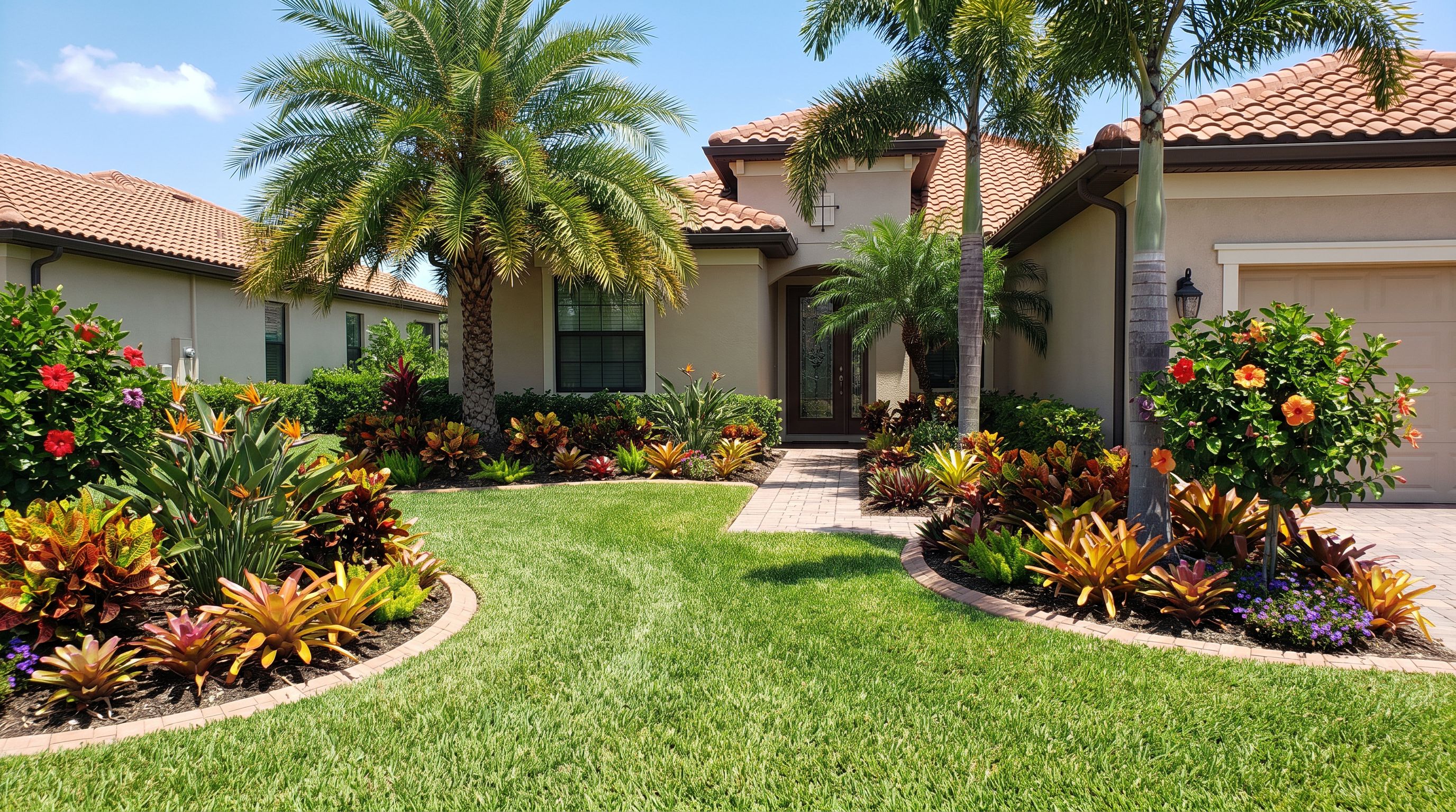Beautiful Florida front yard landscaping with tropical plants and palm trees to boost curb appeal