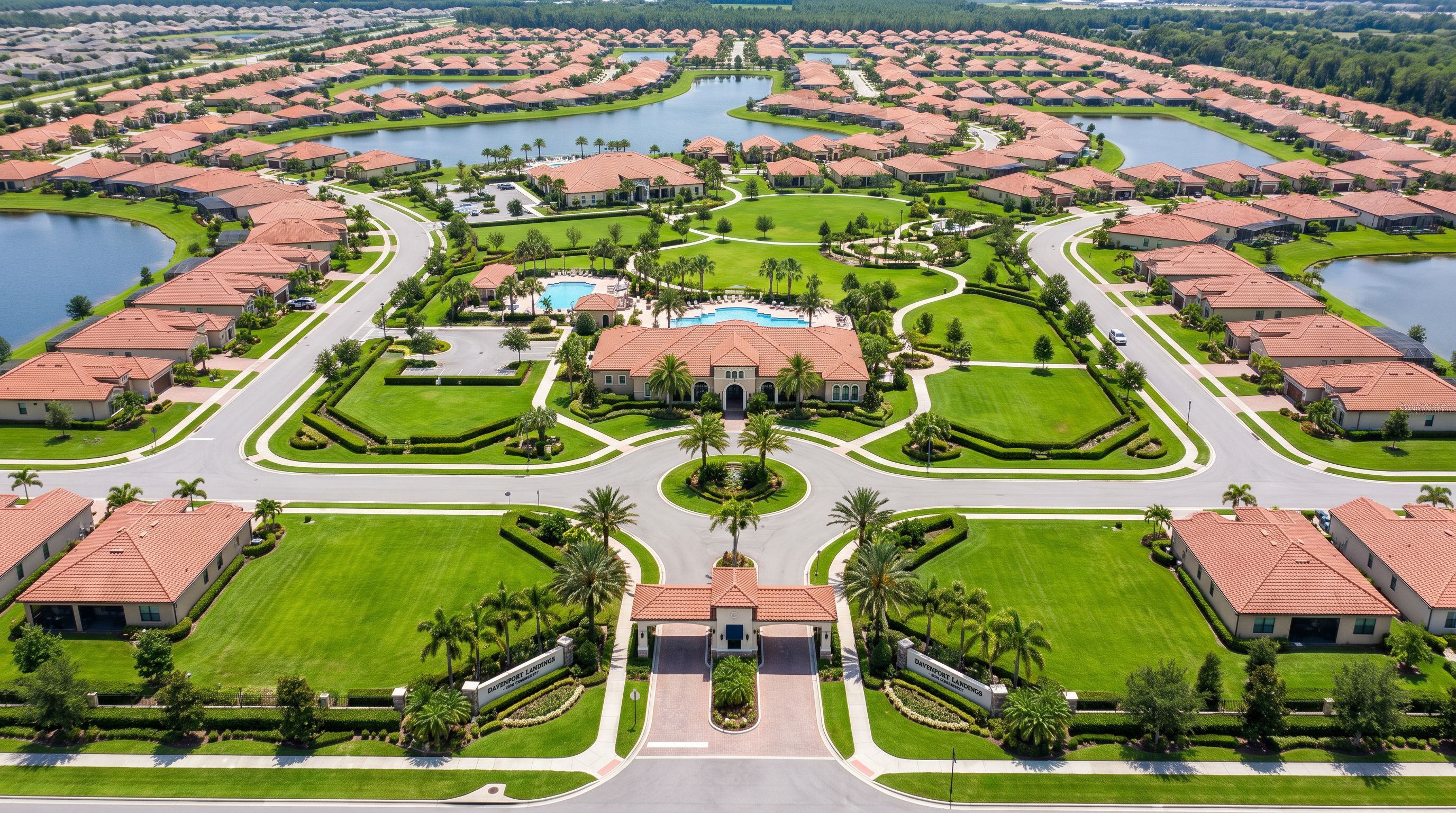 Aerial view of HOA community landscaping in Davenport Florida with manicured lawns and common areas