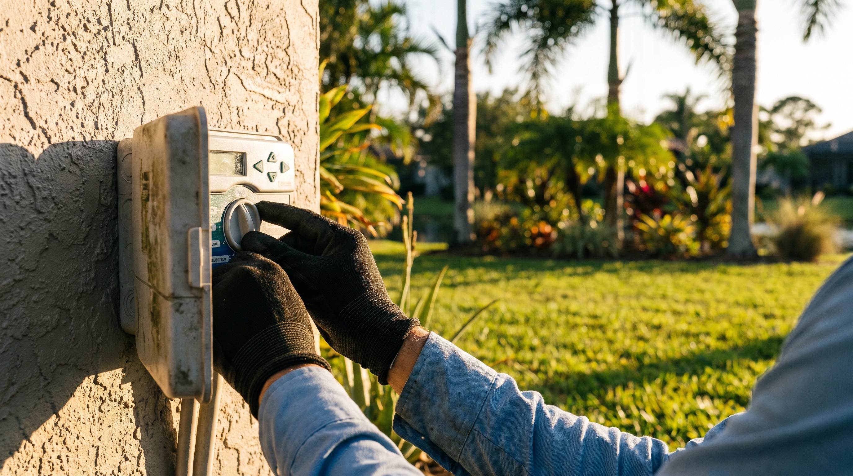 Technician adjusting irrigation controller to winterize irrigation system Central Florida before a cold front