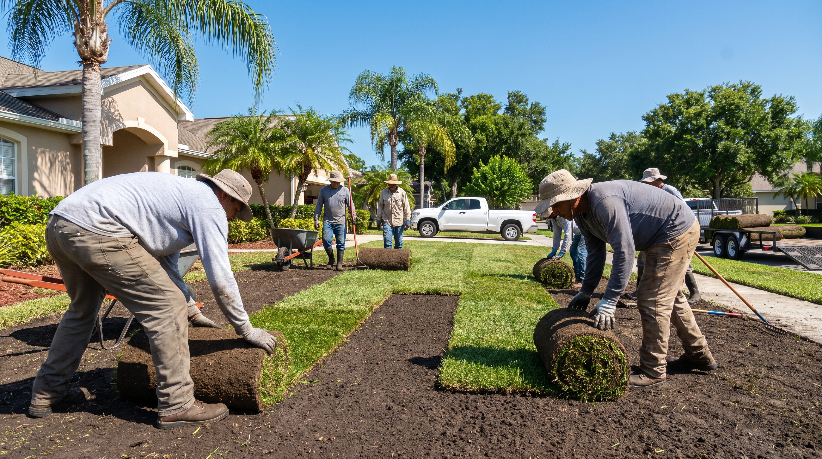 Fresh sod rolls being installed on prepped soil, showing when to install sod in Florida for best results