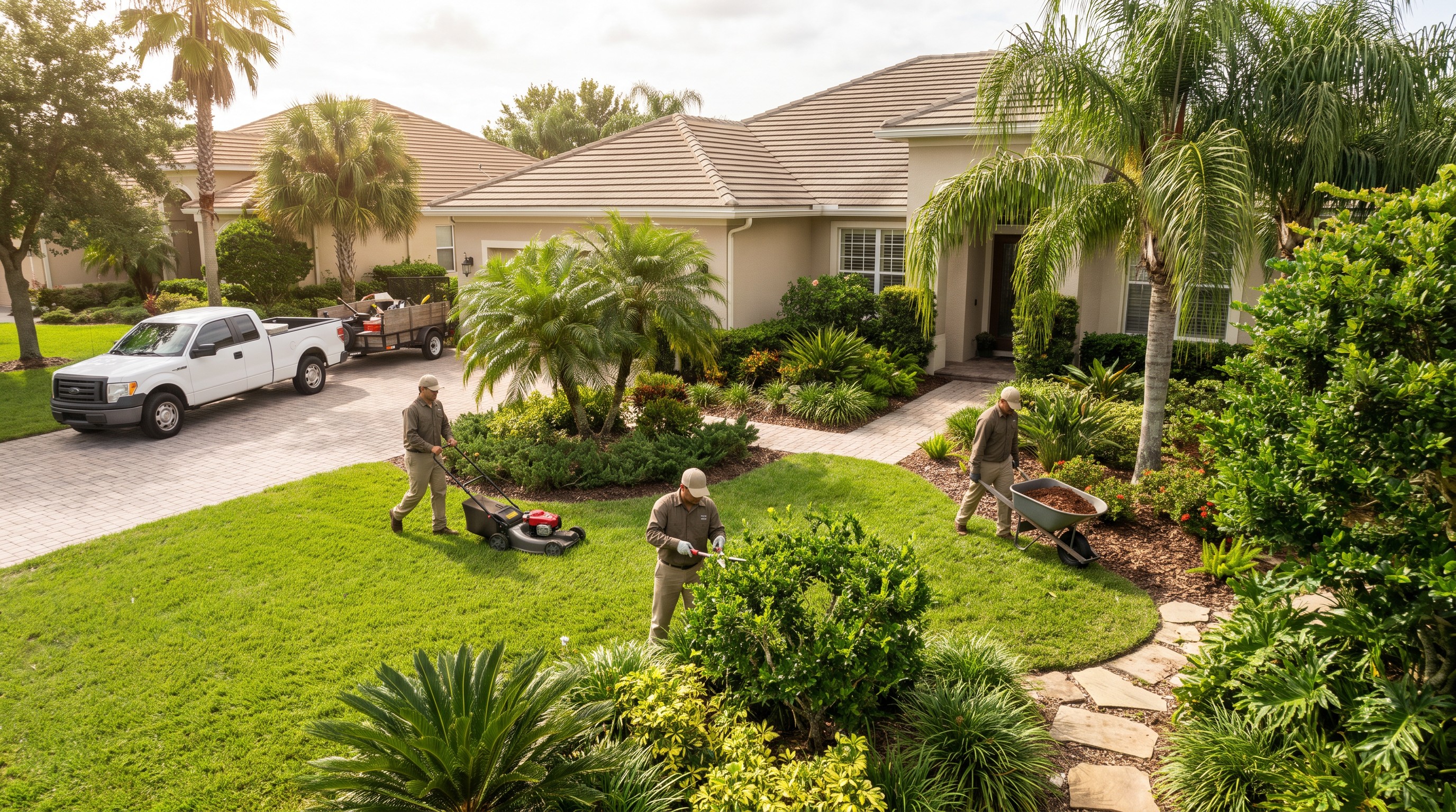 Florida landscaping company crew maintaining a lawn and garden bed in Central Florida