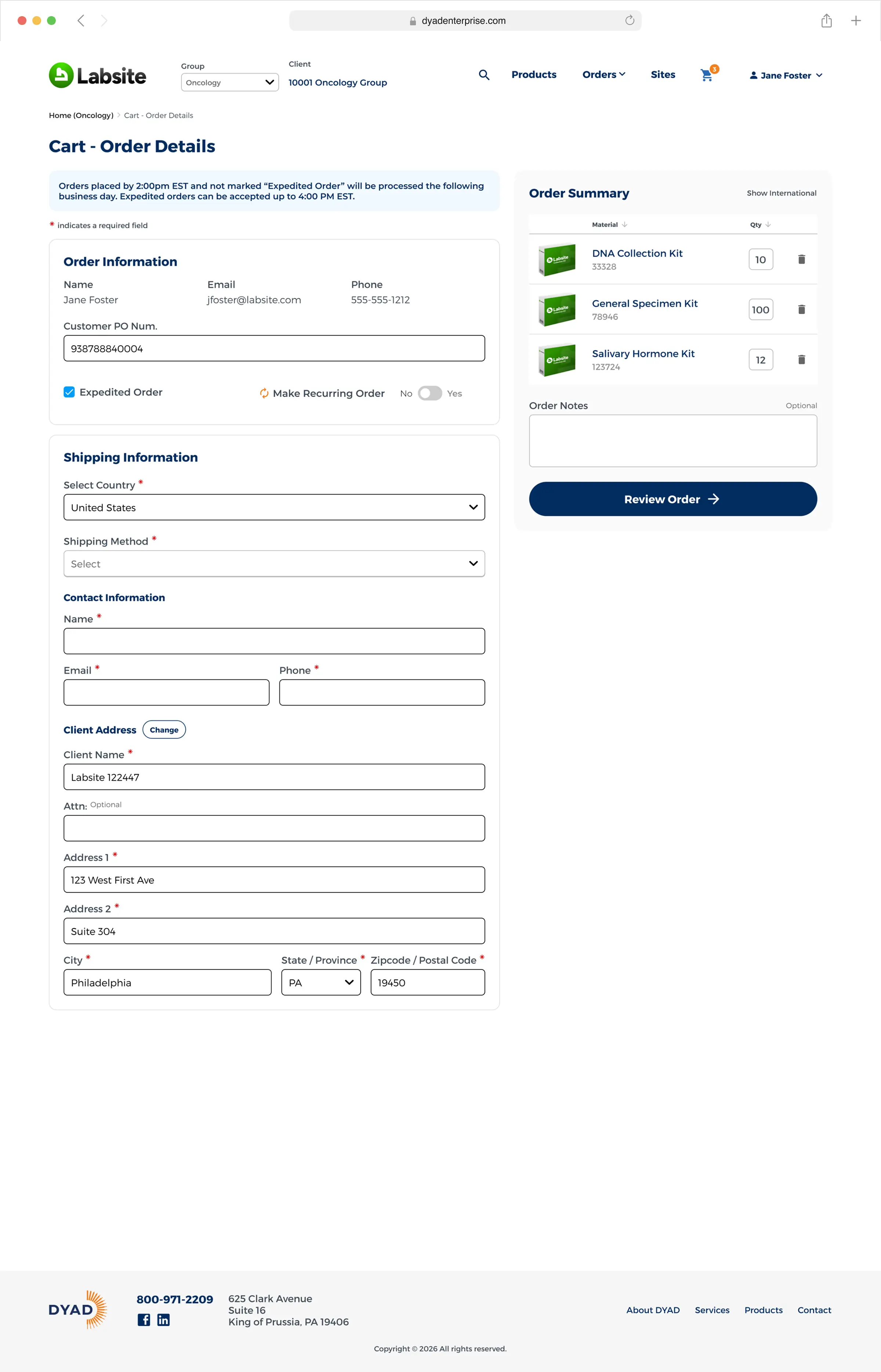 A screenshot of the DYAD B2B Ordering Portal shopping cart.