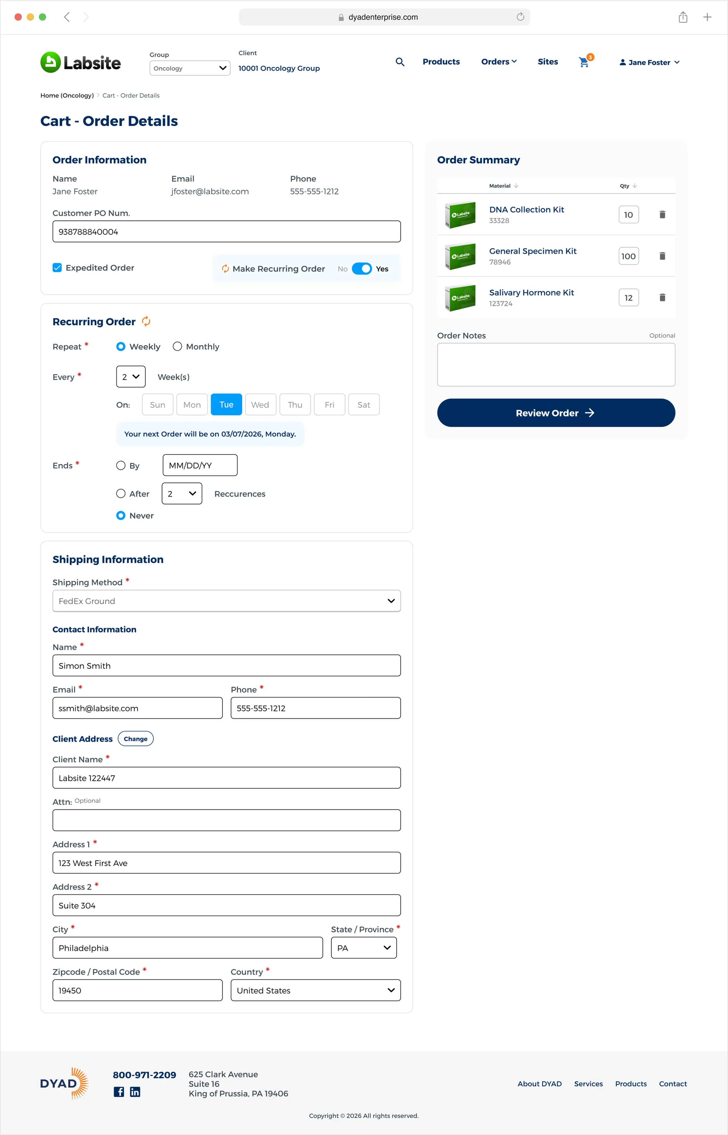 A screenshot of the DYAD B2B Ordering Portal shopping cart.