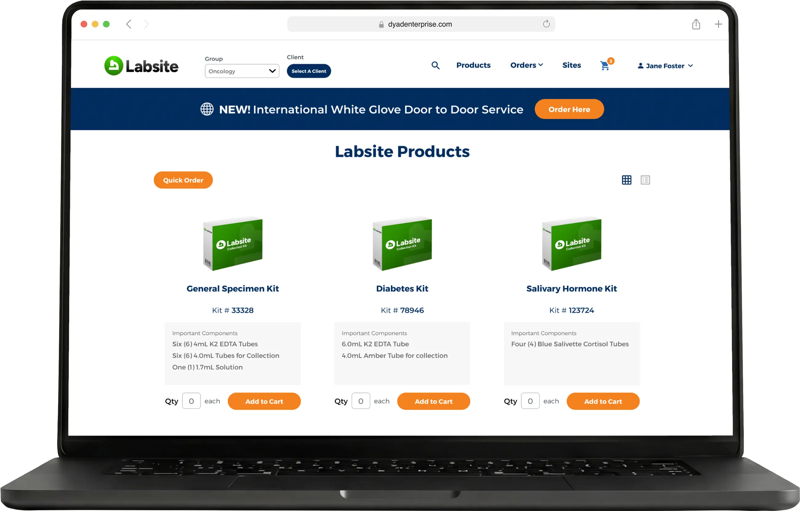 A screenshot of the DYAD B2B Ordering Portal home screen as presented on a laptop screen.