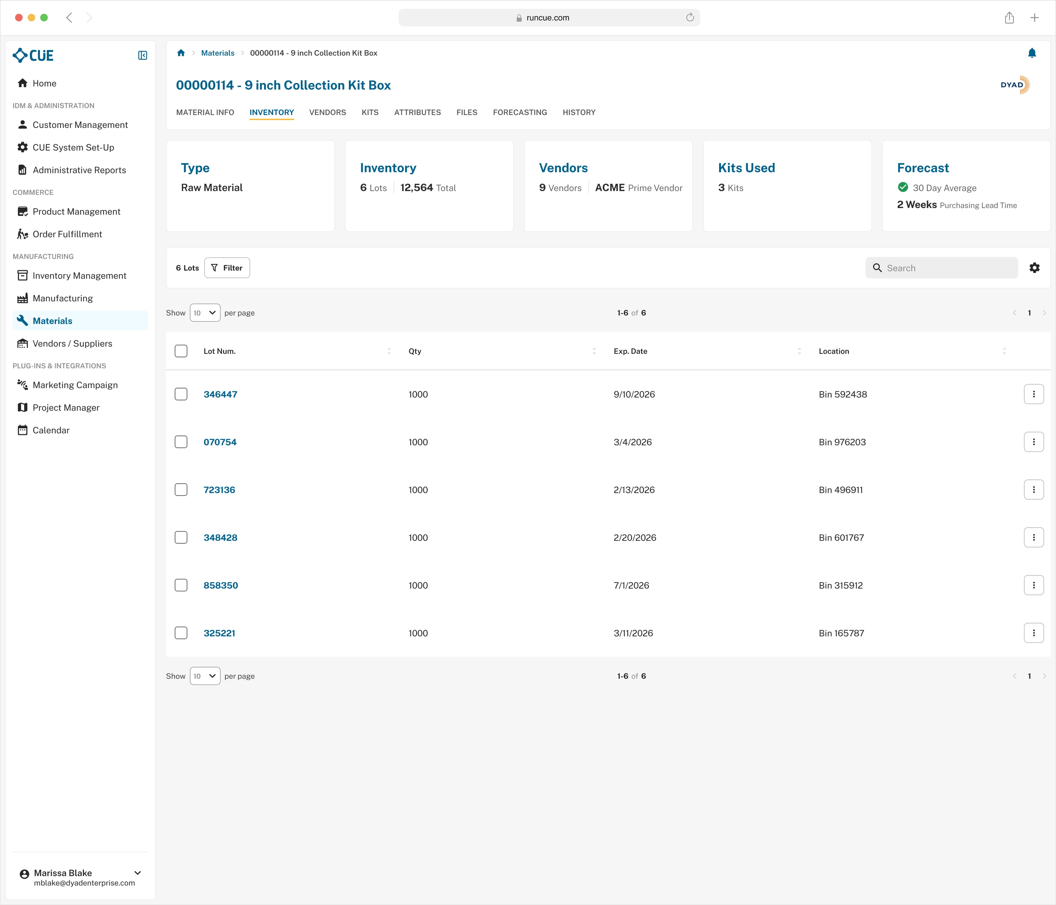 Screen showing the CUE Back Office management software for DYAD.