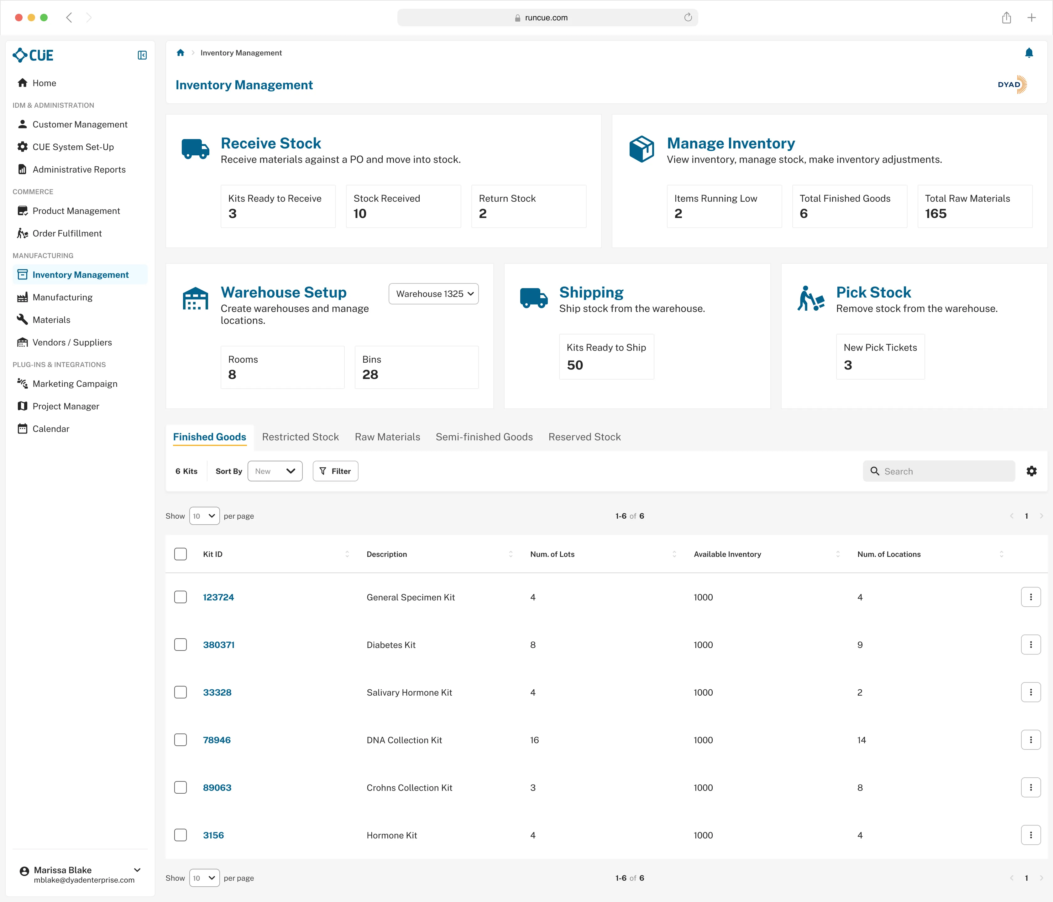 Screen showing the CUE Back Office management software for DYAD.