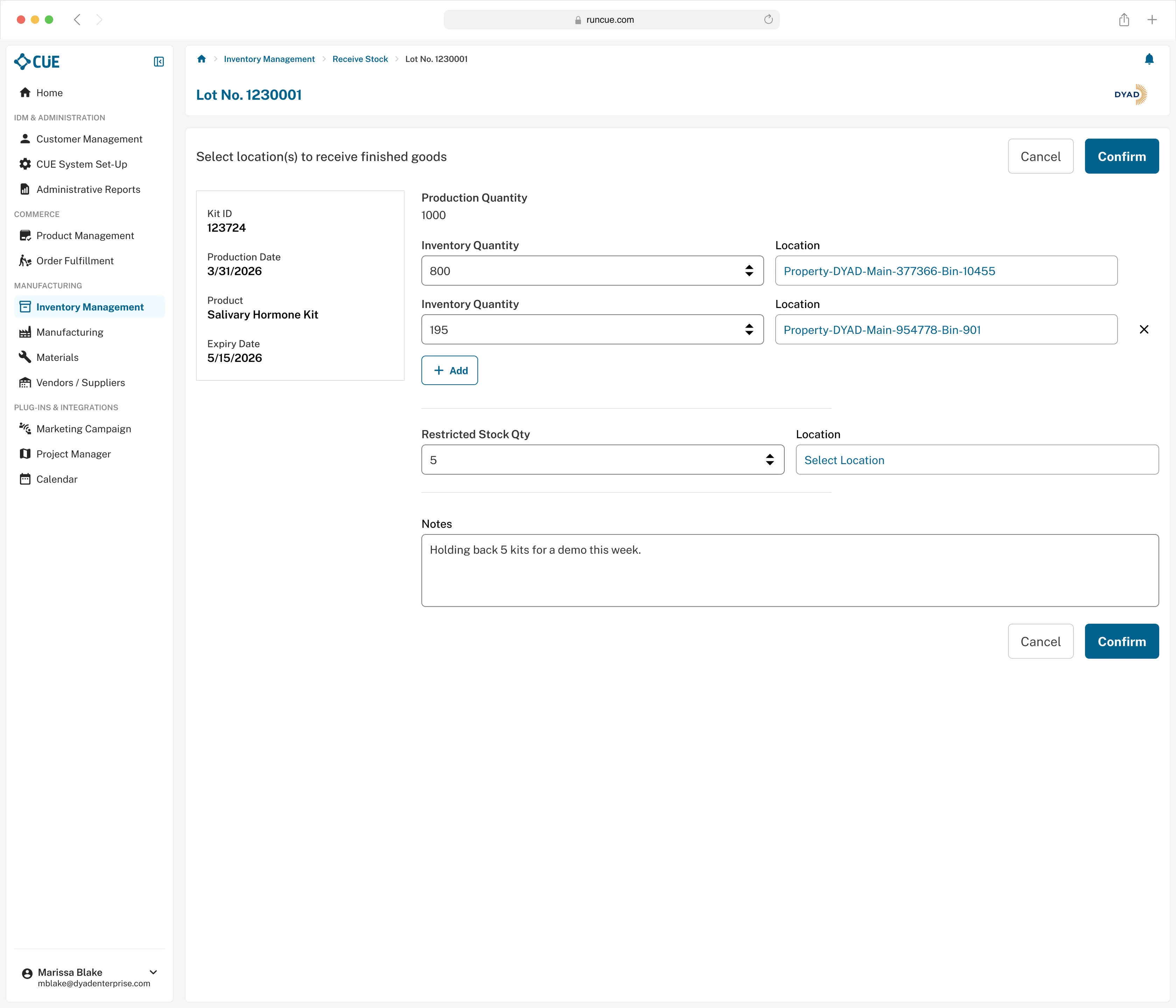 Screen showing the CUE Back Office management software for DYAD.