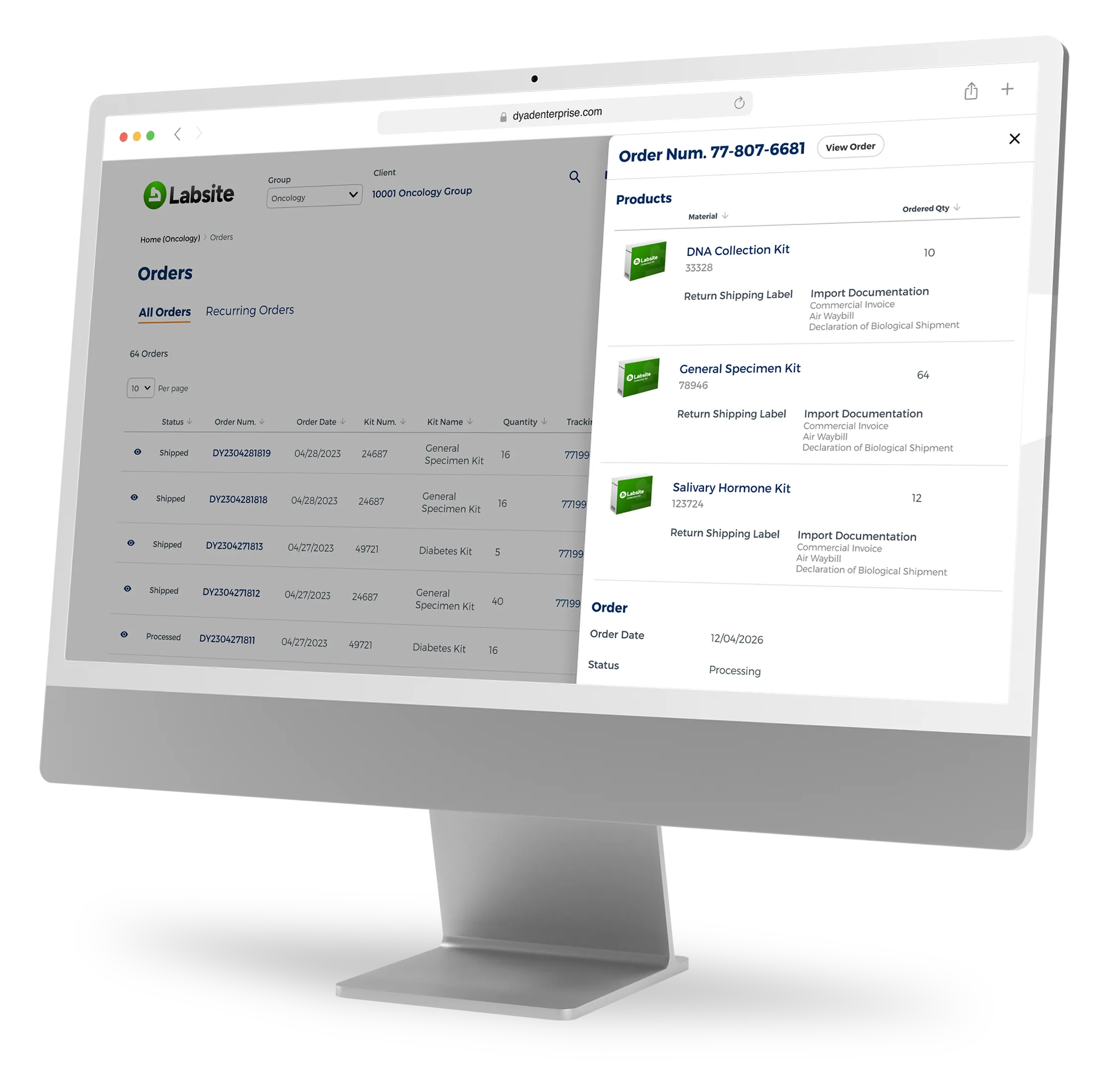A screenshot of the DYAD B2B Ordering Portal as presented on a large computer monitor.