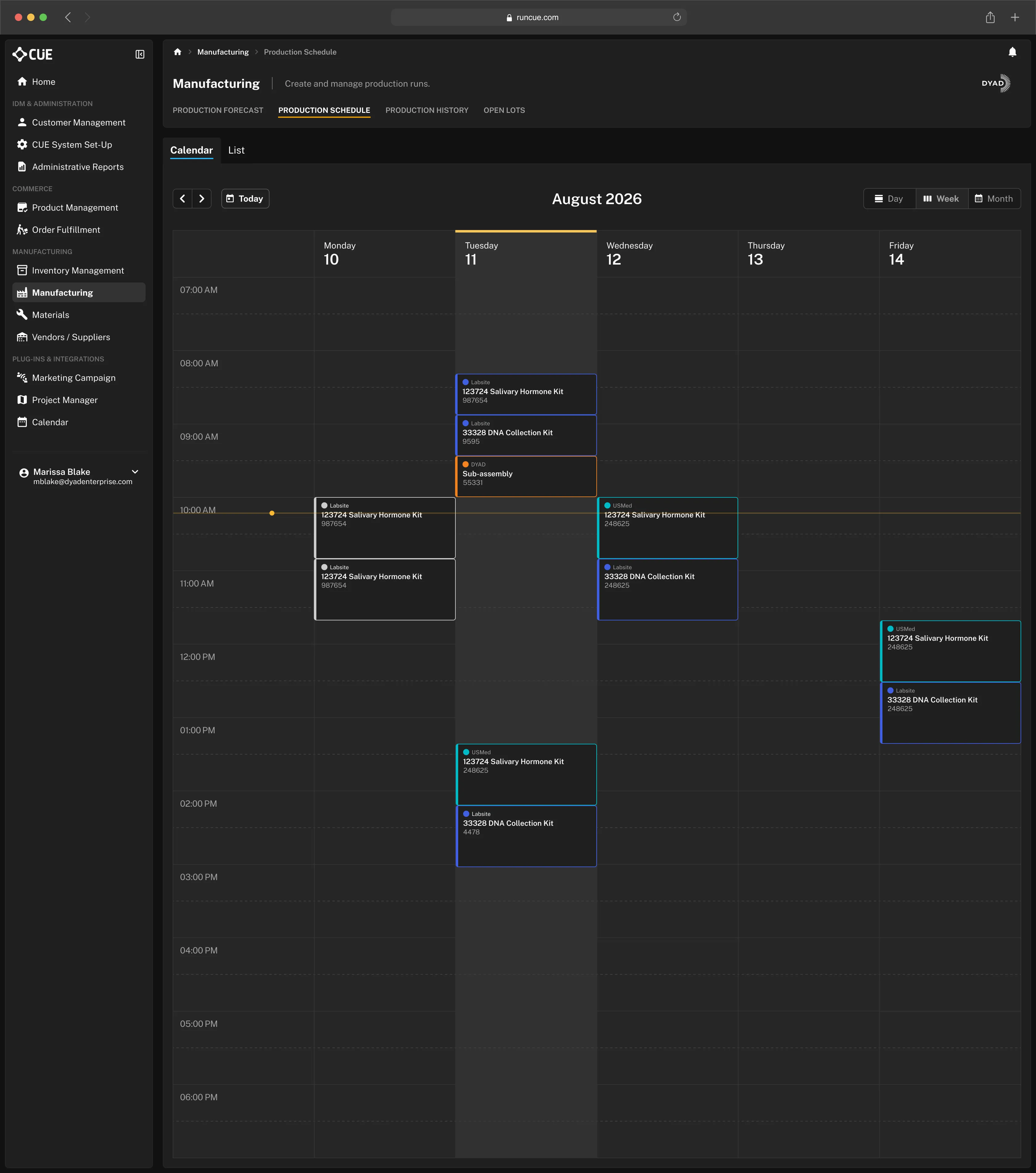 Screen showing the CUE Back Office management software for DYAD.