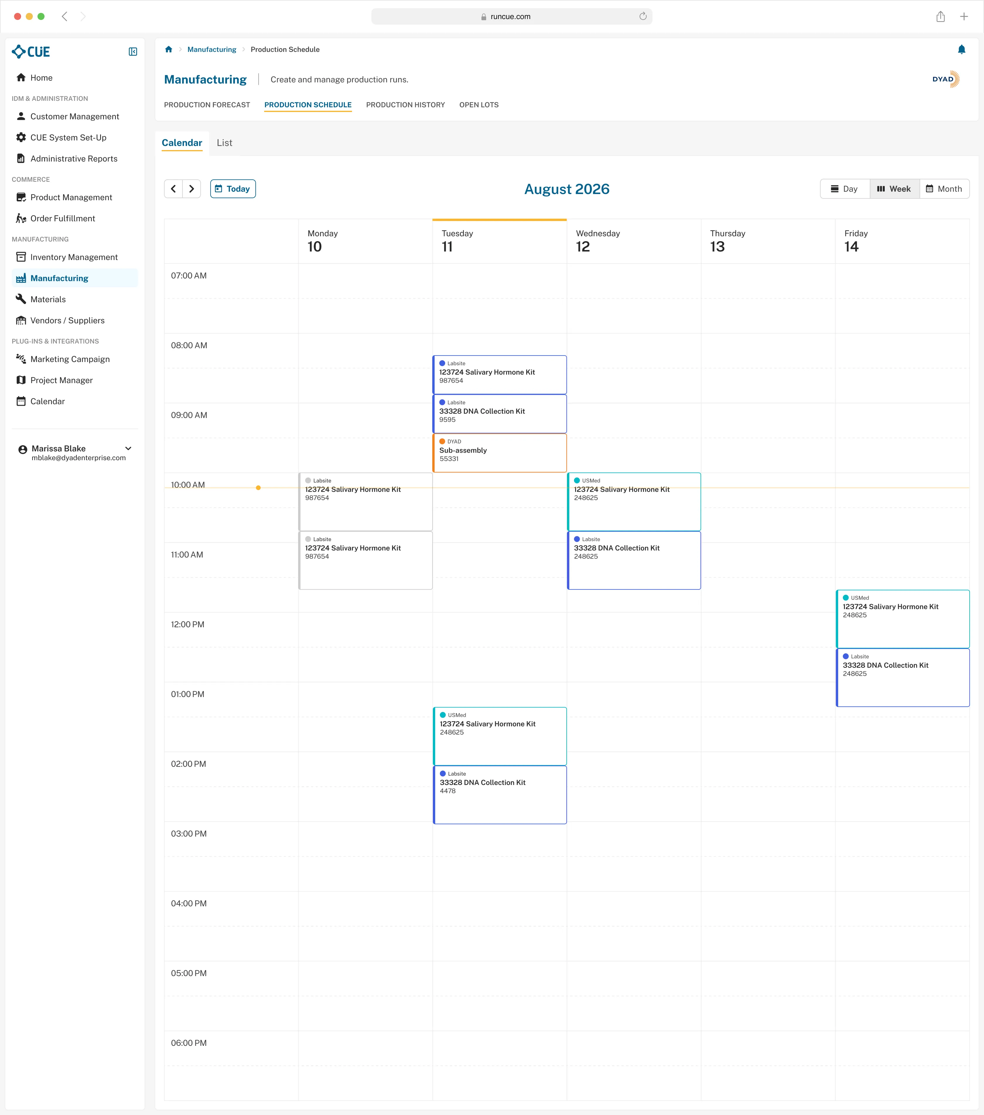 Screen showing the CUE Back Office management software for DYAD.