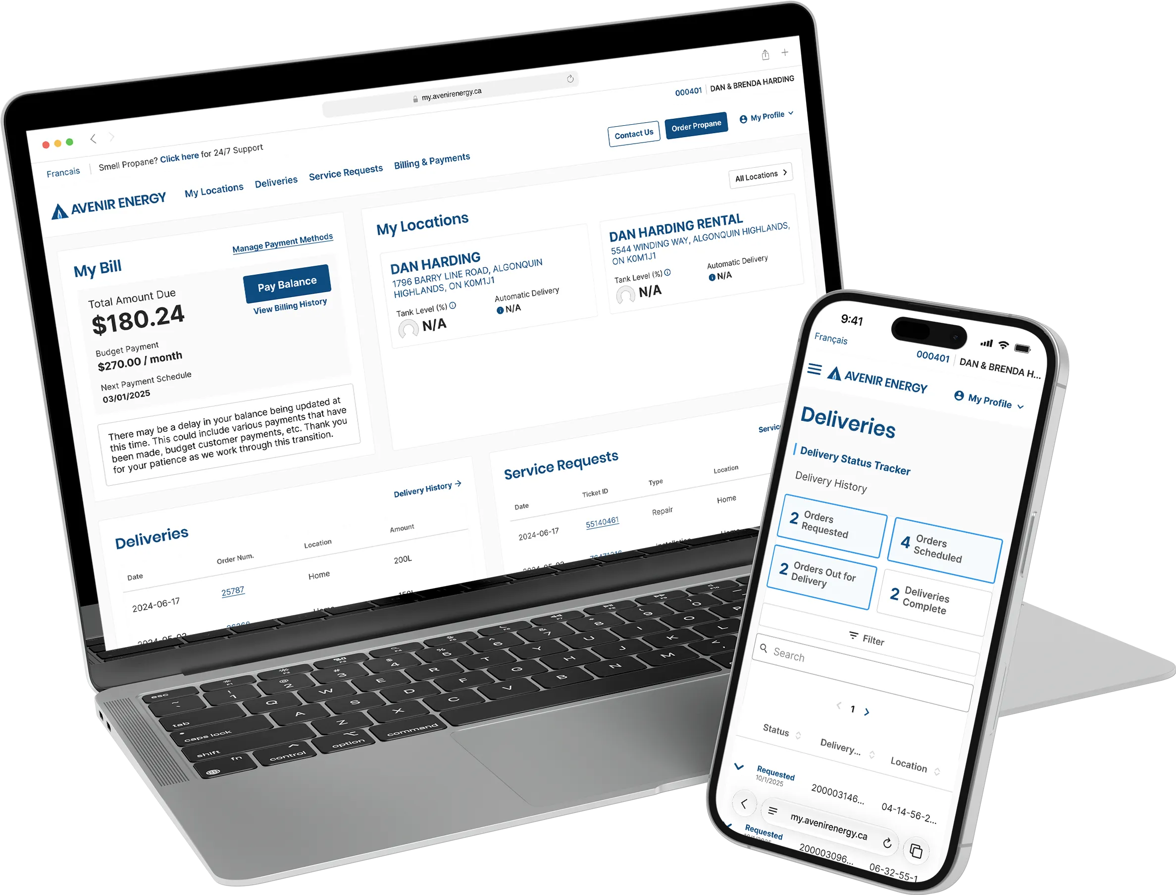 Screenshots of the Avenir Energy Customer Portal on a laptop and an iPhone.