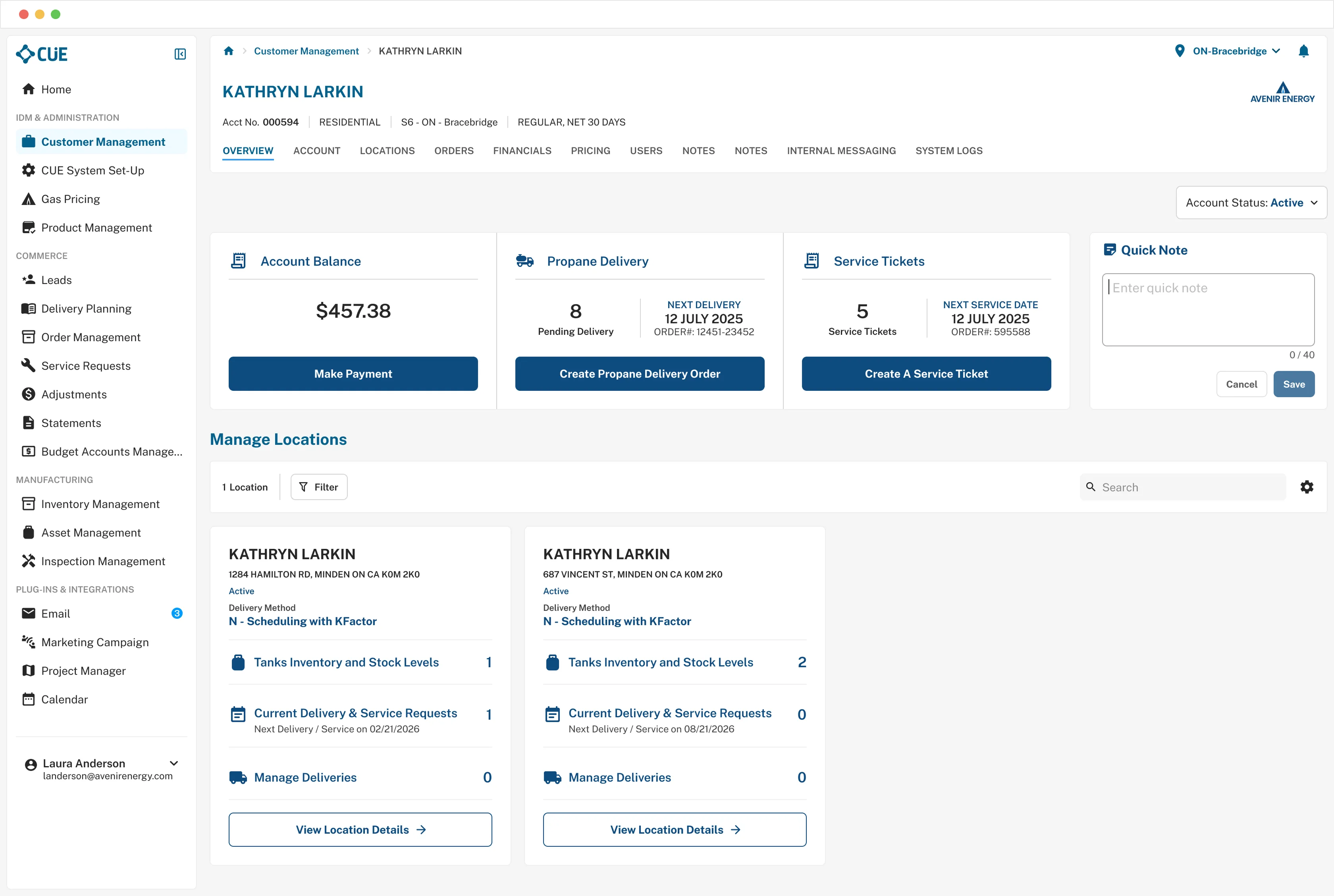A screen from the CUE Back Office management software for Avenir Energy.