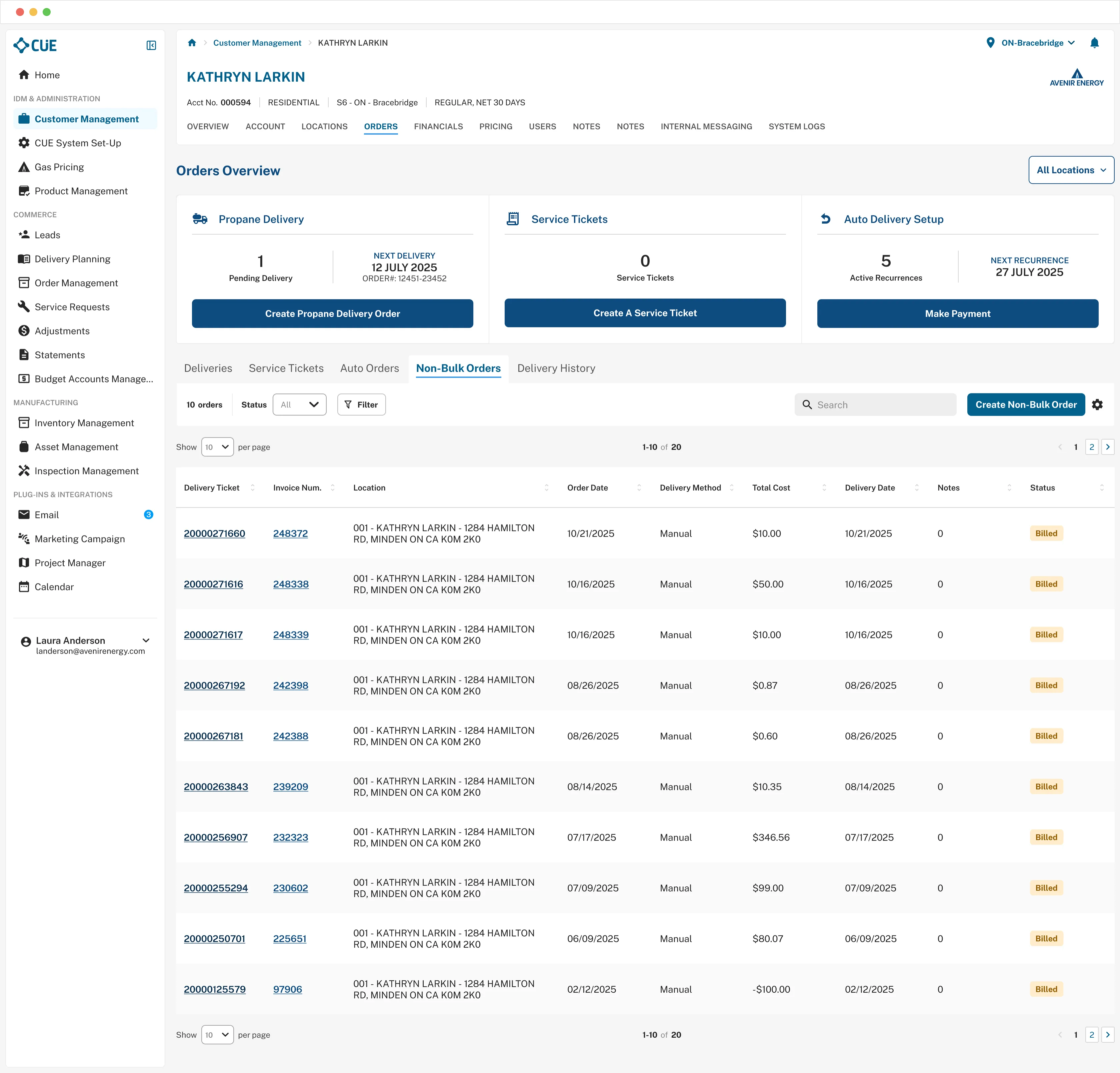 A screen from the CUE Back Office management software for Avenir Energy.